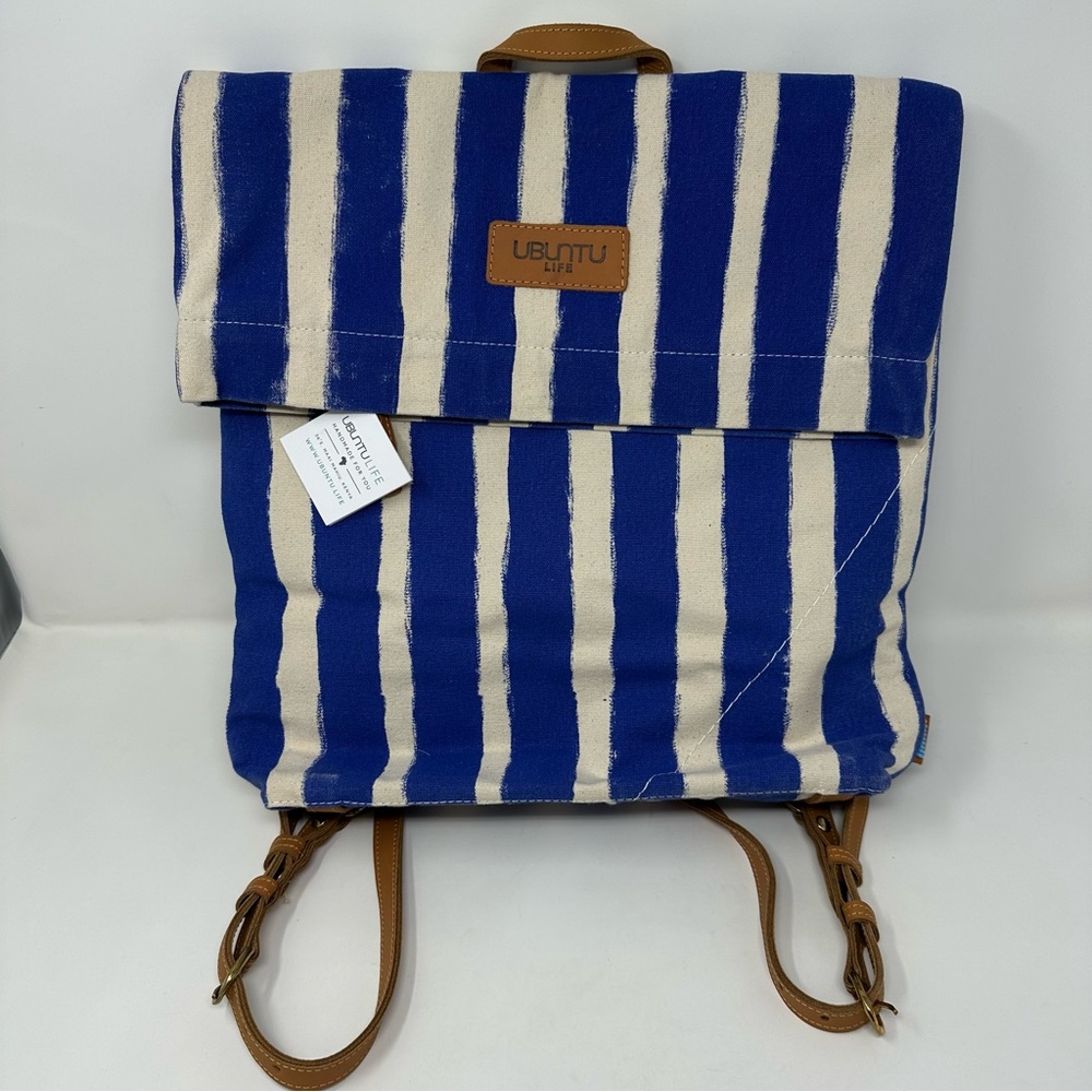 UBUNTU Kenya Canvas Striped Blue Backpack Leather Straps NWT $248